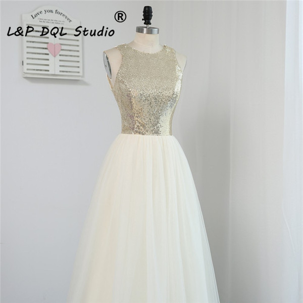 Light Champagne Evening Dresses Soft tulle with Shining Sequins Top Backless Long Prom Dress Real Pictures L&P DQL Studio Formal Gowns