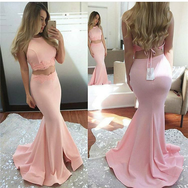 2017 Sexy 2 pieces Mermaid Evening Dresses Sweep Train Prom Dresses Satin with Lace Long vestidos festa formal gowns