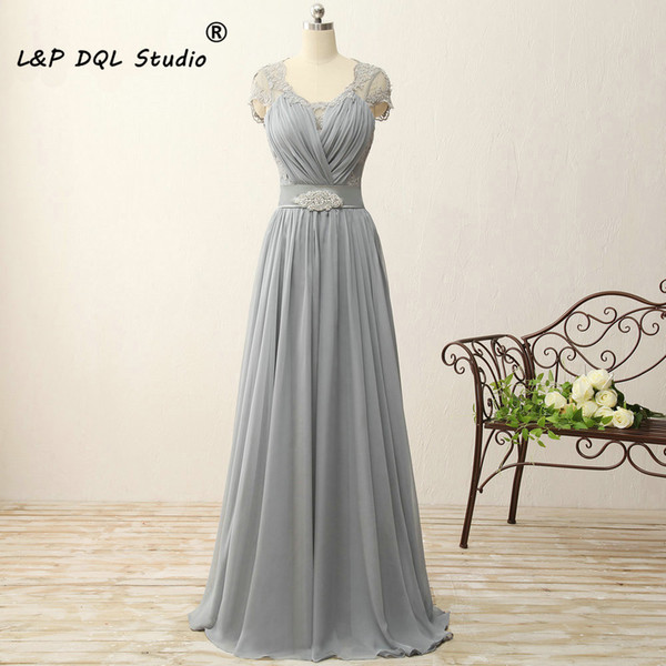 Light gray Evening Dresses Chiffon with Floral Lace Zipper Back Sweep Train Chiffon Prom Dresses Mother of the Bride Gowns