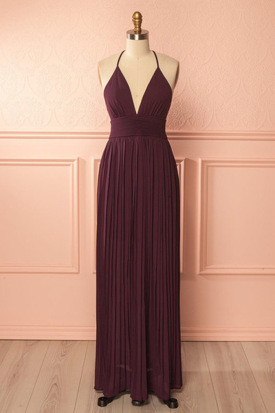 Sexy burgundy Evening Dresses Spaghetti Sleeveless Zipper Back Long pleats Chiffon Prom Dress Party Gowns 2017 New Arrival