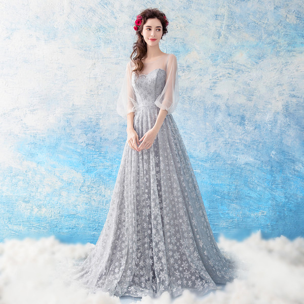 Soft Tulle with Shining Sequins Long Evening Dresses Fancy Prom Dress Scoop Lace-up Back Sweep Train Light Gray