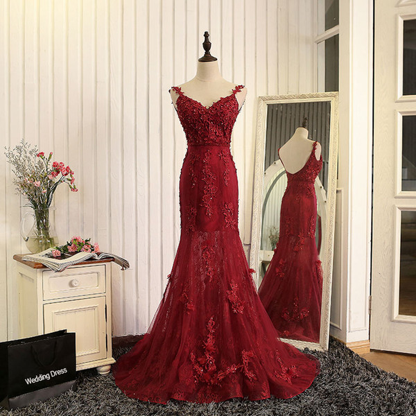 Dark Red Mermaid Evening Dresses Soft Tulle with Floral Applique Shining Sequins Sweep Train Long Prom Dress Mermaid Formal Gowns