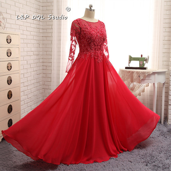 Plus Size Evening Dresses Red,Dark Navy Long Sleeves Scoop Chiffon Sheer with Floral Applique Shining Sequins Beads Sweep Train Prom Gowns