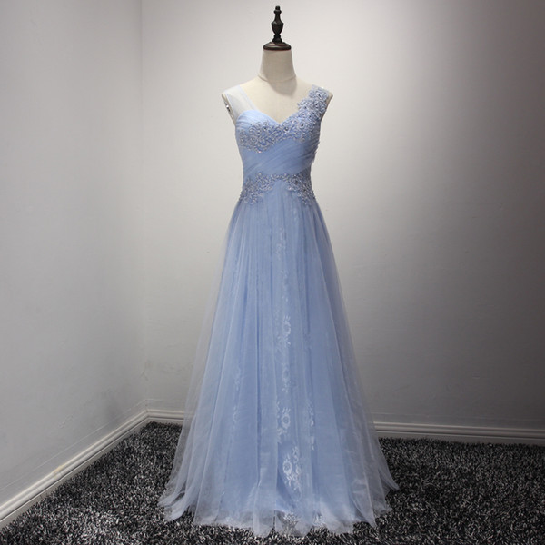 2017 New Arrival Light Blue Evening Dresses V-Neck Sleeveless Pleats Tulle with Floral Applique Shining Sequins Long Prom Gowns real picture