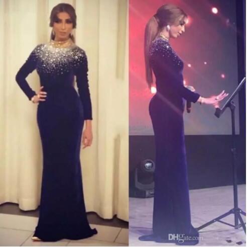 Gold Sequin High Neck Evening Dresses Long Sleeves Navy Blue Velvet Women Formal Gowns Arabic Celebrity Party Wear