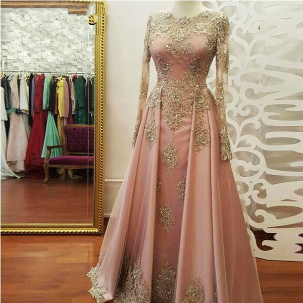 pink prom dress new long sleeves evening dresses with beading elegant lady party gowns for special occasion