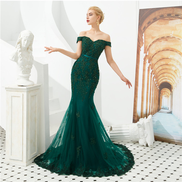 Dark green prom dresses hand made beading off shoulder prom gown backless elegant evening gowns appliques edge