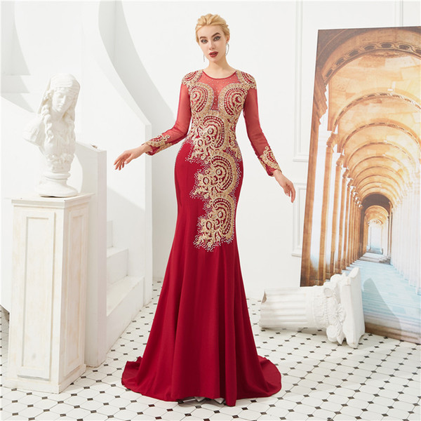 Arabic prom dresses long sleeve custom made gold appliques see through mermaid evening gowns floor length party wear for women