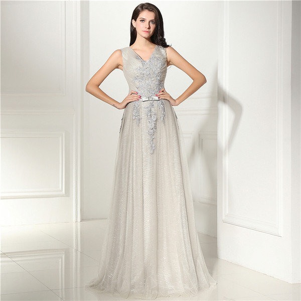 Silver prom evening dresses a line tulle v neck sleeveless elegant party gown plus size evening dress