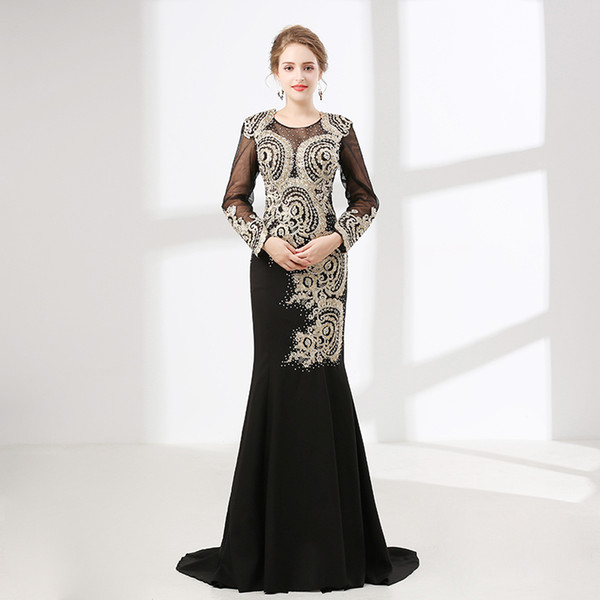 Arabic long sleeve dresses party evening black mermaid gold applique with beading sparkly evening gown for woman new collection