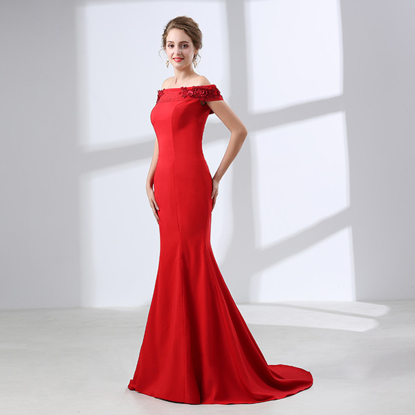 Bateau off shoulder evening dresses red mermaid woman formal evening gown chinese style beaded prom evening dress