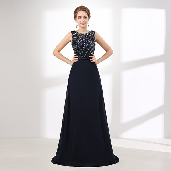 Long elegant evening dresses custom made navy blue beaded sexy back woman formal evening dress real picture