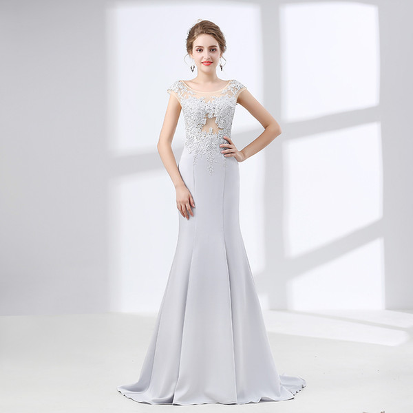 Dress evening wear mermaid silver sheer lace appliques long prom dress elegant woman formal evening gown