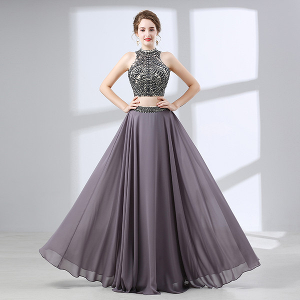 High neck two piece evening dresses long tank chiffon elegant woman party prom gown evening dress