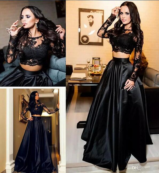 Two Pieces Prom Dresses long sleeves Jewel Neck Illusion Lace Appliques Open Back Plus Size Party Dress Evening Gowns