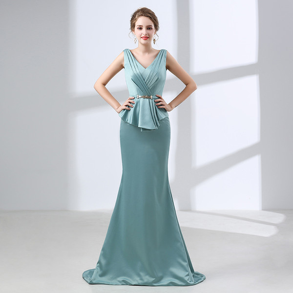 Satin elegant evening dresses mermaid v neck mother dress evening wear with belt woman arabic evening dress