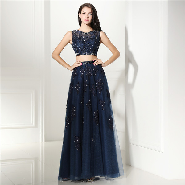 Navy blue evening dresses 2 piece tulle woman formal evening gown long elegant lace sheer neck prom dresses