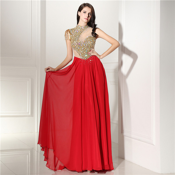 Red long evening dresses chiffon high neck gold sequin sheer runway evening dress elegant woman prom dresses