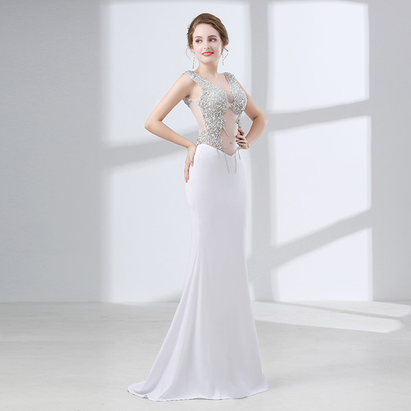 See through white evening gowns sexy fit rhinestone sequin beaded prom dresses vestidos long evening dresses