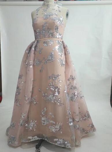 Silver sequin pink middle east evening prom gown detachable train evening dresses arabic prom dresses real picture