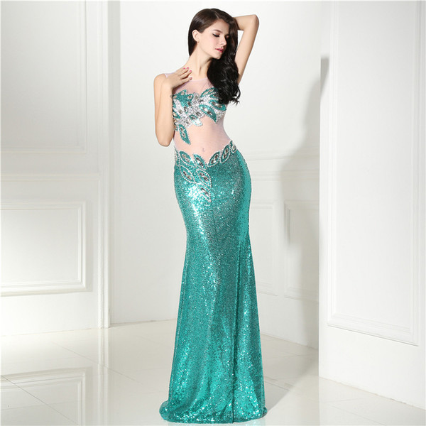 Mermaid sequin evening dresses green sheer sexy long real evening prom gown new runway evening dress