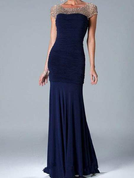 Bateau Mermaid Navy evening dresses spandex Cap sleeves Mother of the bride dresses long beading women formal dress