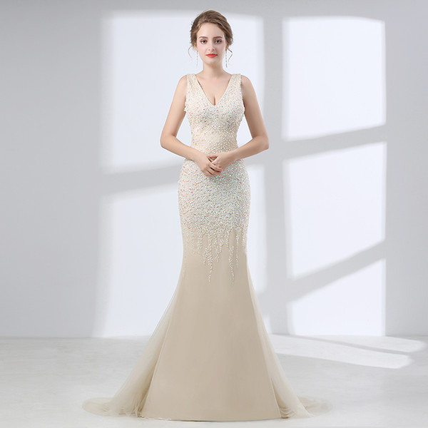 Champagne evening gowns mermaid rhinestone sequin backless long evening dress for woman luxury prom dresses 