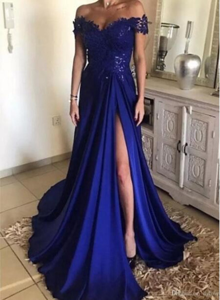 Royal blue chiffon evening gowns elegant long woman formal evening dresses off shoulder lace side split prom dresses