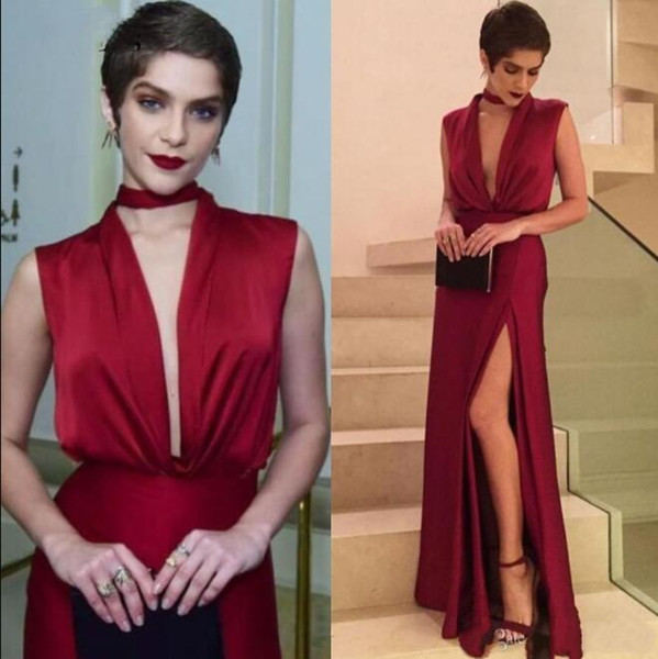 Sexy Deep V Neck Wine Red Prom Gowns High Split Long evening Dresses A Line Sleeveless Floor Length Special occasion Dress Formal Dresses