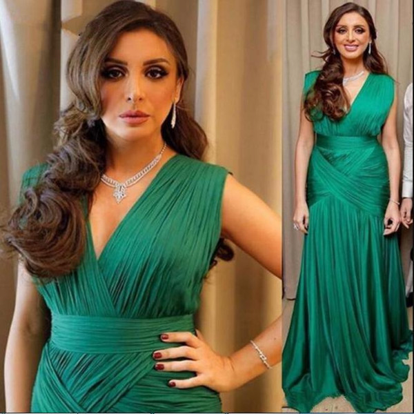 Green Chiffon Evening Dresses Mermaid V Neck Cap Sleeve Pleated Long Formal Gowns Arabic Celebrity Women Party Gowns