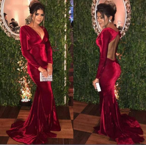 Long Sleeve Evening Dresses Mermaid Deep V Neck Sexy Open Back Party Gowns Wine Red Velvet Formal Dress