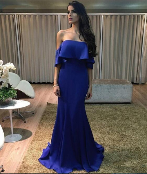 Mermaid Off Shoulder Royal Blue Evening Dresses With Short Sleeve Simple Satin Long Party Gowns Formal Wear vestidos formatura longo