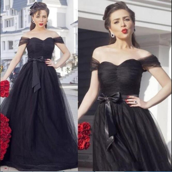 Black Tulle Evening Dresses With Bow Sash Pleated Corset Puffy Long Women Formal Gowns Simple cheap prom gown