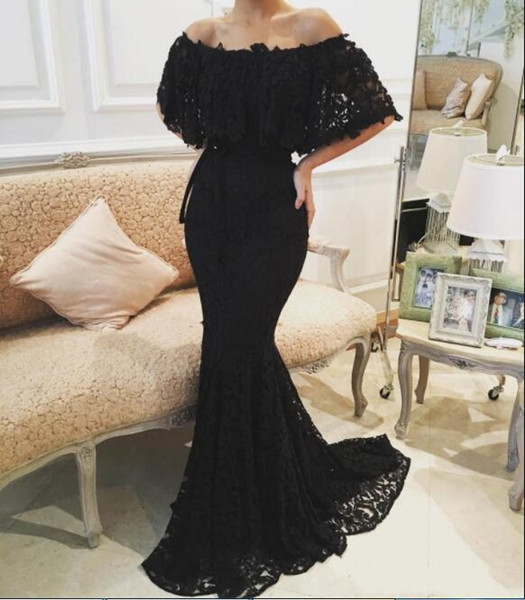 Sexy Off Shoulder Mermaid Lace Evening Dresses Vintage Black Long Formal Gowns Saudi Arabic Style Party Prom dresses