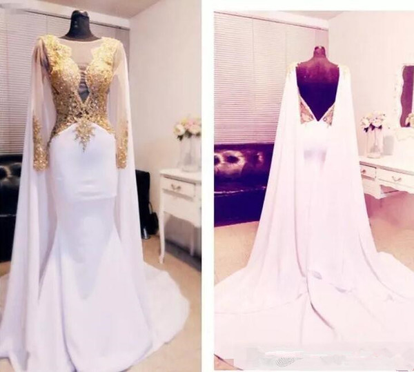 Elegant Arabic Beaded Gold Appliques Prom Dresses Long Sleeve With Cape Backless Formal Evening Wear Gowns Red Carpet Party Dress