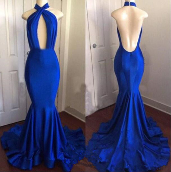 Blue sexy mermaid evening gowns long elegant backless halter woman party evening gowns cheap party prom dresses