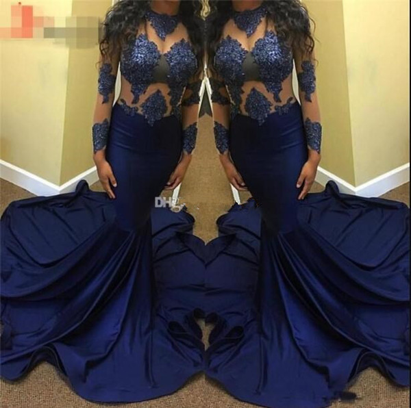 long sleeve evening dresses sheer see through appliques mermaid stretch party prom dresses long blue evening gowns