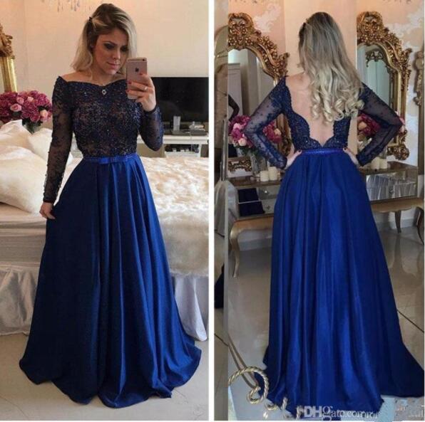 Arabic Royal Blue Prom Dresses Long Sleeves Lace Pearls Formal Evening Gowns Sexy Backless A Line Evening Dress