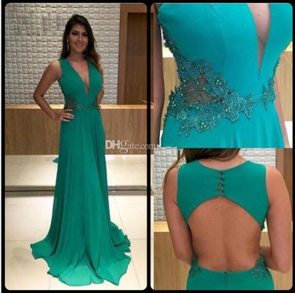 V neck evening dresses long elegant appliques backless woman formal dresses evening new arrival custom made party dresses