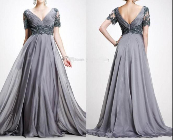 Gray Long Evening Dresses V Neck Short Sleeves Pleated Appliques Beaded Chiffon Plus Size Backless Mother Of The Bride Dresses