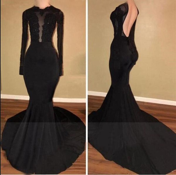 Long sleeve black evening dresses long mermaid appliques sexy round neck woman formal evening gowns 