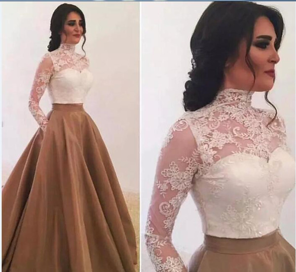 Elegant Long Sleeve Evening Dresses Two Pieces Lace Appliques A-Line Satin Formal Prom Dresses Arabic Plus Size Robe De Soiree