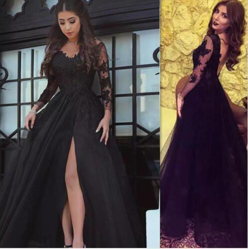 Split Evening Dresses Black Long Sleeve Illusion Backless Appliques Dinner Party Dress Arabic Style V-Neck High Slit Formal Dress Prom Gowns