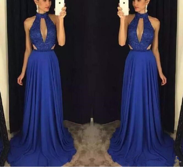 Chiffon long evening gowns halter sexy lace backless blue woman evening party prom dresses custom made