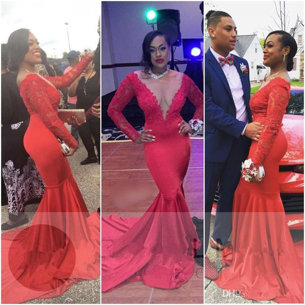 Red prom dresses lace v neck sexy mermaid long sleeve evening dresses cheap arabic woman evening gowns