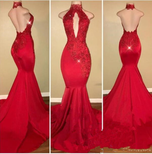 Sexy Backless Prom Dresses Mermaid Red African Women Long Graduation Dress Evening Gown Sleeveless Sweep Train