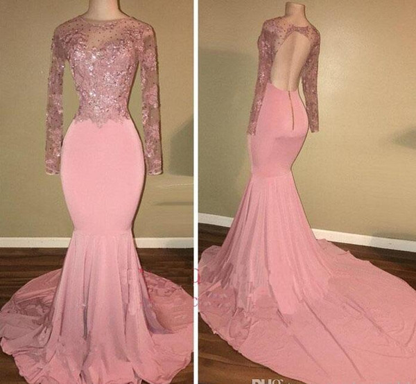 Long sleeve pink evening dresses mermaid sexy backless appliques cheap woman prom evening gowns new arrival