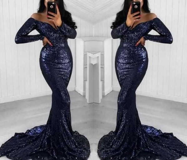 Long sleeve sequined evening gowns mermaid dark blue v neck sexy woman party prom dresses evening