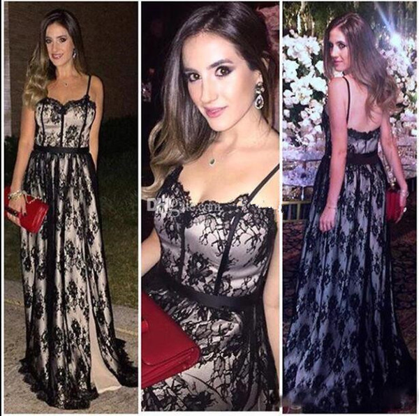 Black lace evening dresses a line spaghetti straps sexy woman party prom dresses evening gowns