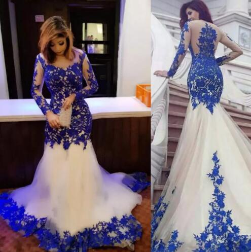 Arabic Mermaid Formal Evening Dresses Royal Blue Lace Appliques Sheer Long Sleeve Prom Dress Party Gowns Plus Size Celebrity Evening Wear